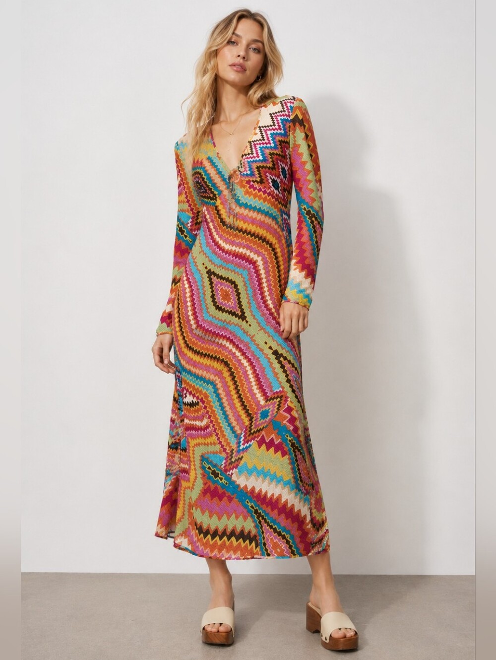 NWT Zara Multicolor Boho Print Textured Midi Dress Size S